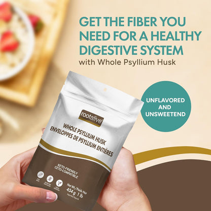 Rootalive - Whole Psyllium Husk, Psyllium Husk Whole Plant-Based Fibre for Digestive Support, Unflavored Superfood Powder with Soluble & Insoluble Fibre, Vegan, Gluten-Free, 454 grams