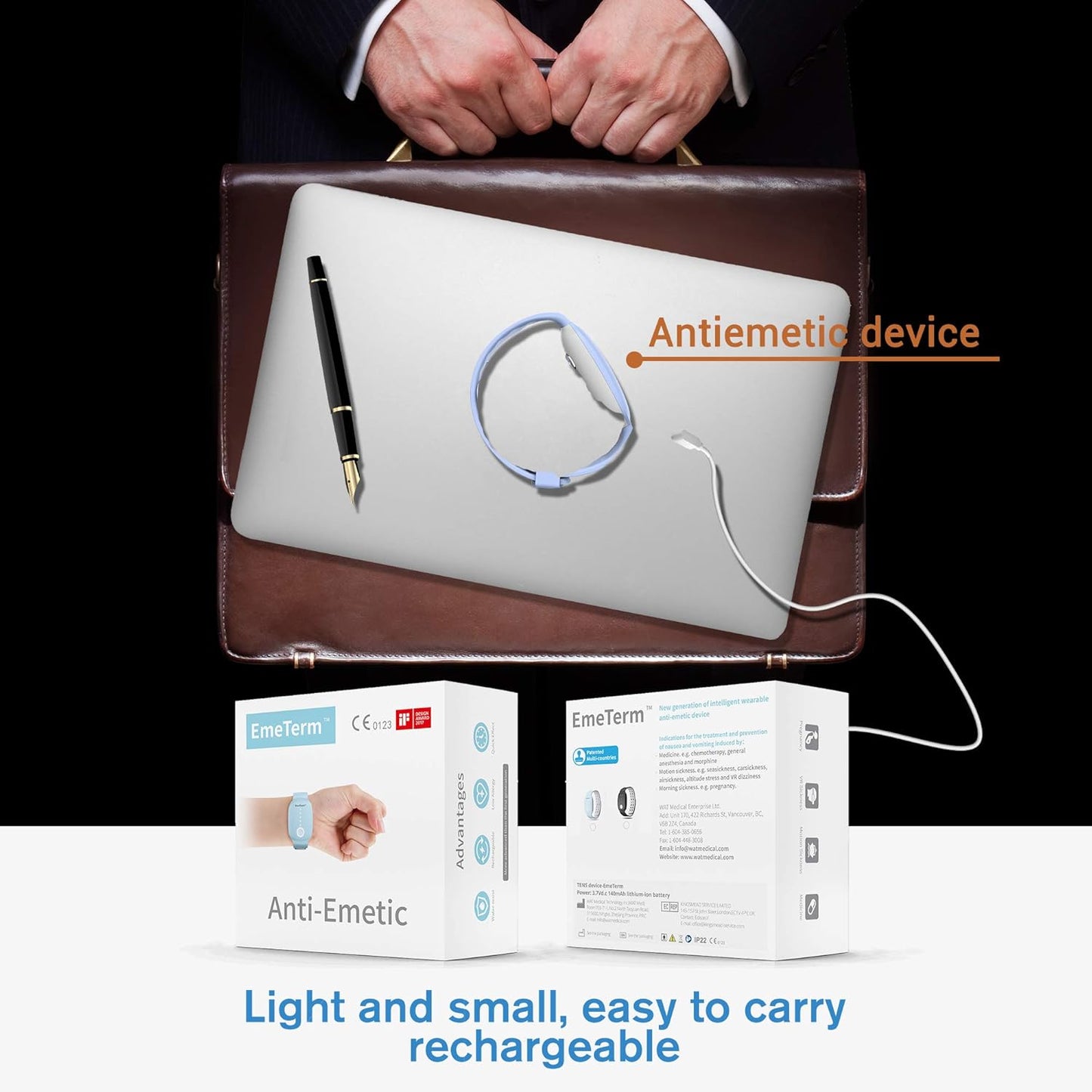 EmeTerm 时尚缓解恶心电极刺激器 孕吐 晕车 呕吐缓解 可充电 无凝胶 无药物腕带 无副作用