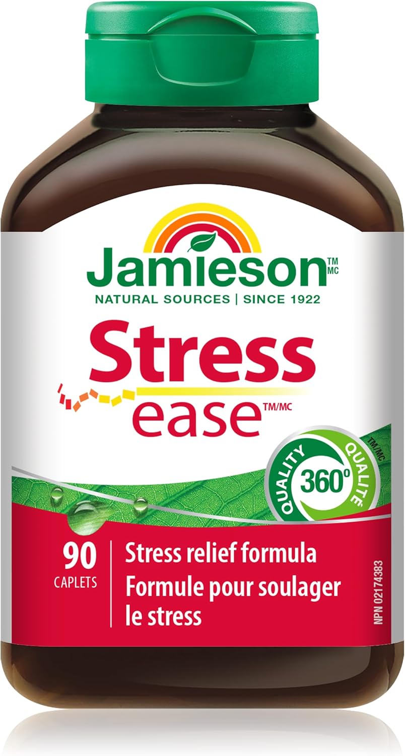 Jamieson Stressease 维生素B复合物，含维生素C、镁、钙和锌，富含13种必需营养素，舒缓压力配方，支持能量生成、新陈代谢和免疫支持。素食，无麸质，90粒胶囊，加拿大制造