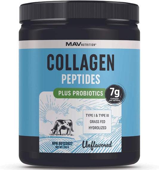 Collagen Powder + Probiotics Supplement | Made in Canada | Grass Fed Hydrolyzed Type 1 & Type 3 Collagen Peptides | Hair, Skin, Nails & Gut Health Support | 7000mg Per Serving | 210g, 1 Month Supply