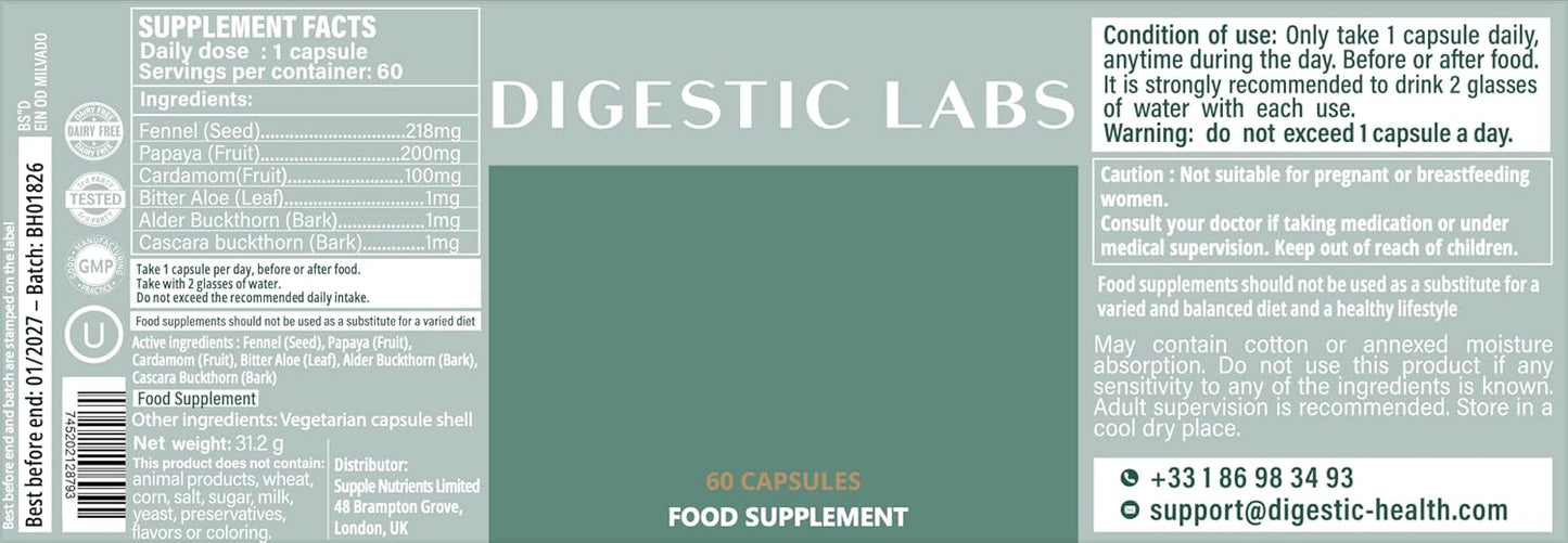 消化剂 - 缓解便秘的泻药，100% 天然大便软化剂，60 粒胶囊，结肠排毒清洁，缓解腹胀和胀气