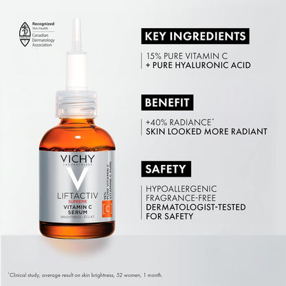Vichy LiftActiv 15% Vitamin C Serum for Face with Hyaluronic Acid, Vitamin E & Polyphenols or BUNDLE with B3 5% Niacinamide Serum Facial Moisturizing Serum, Safe for Sensitive Skin, 20ML