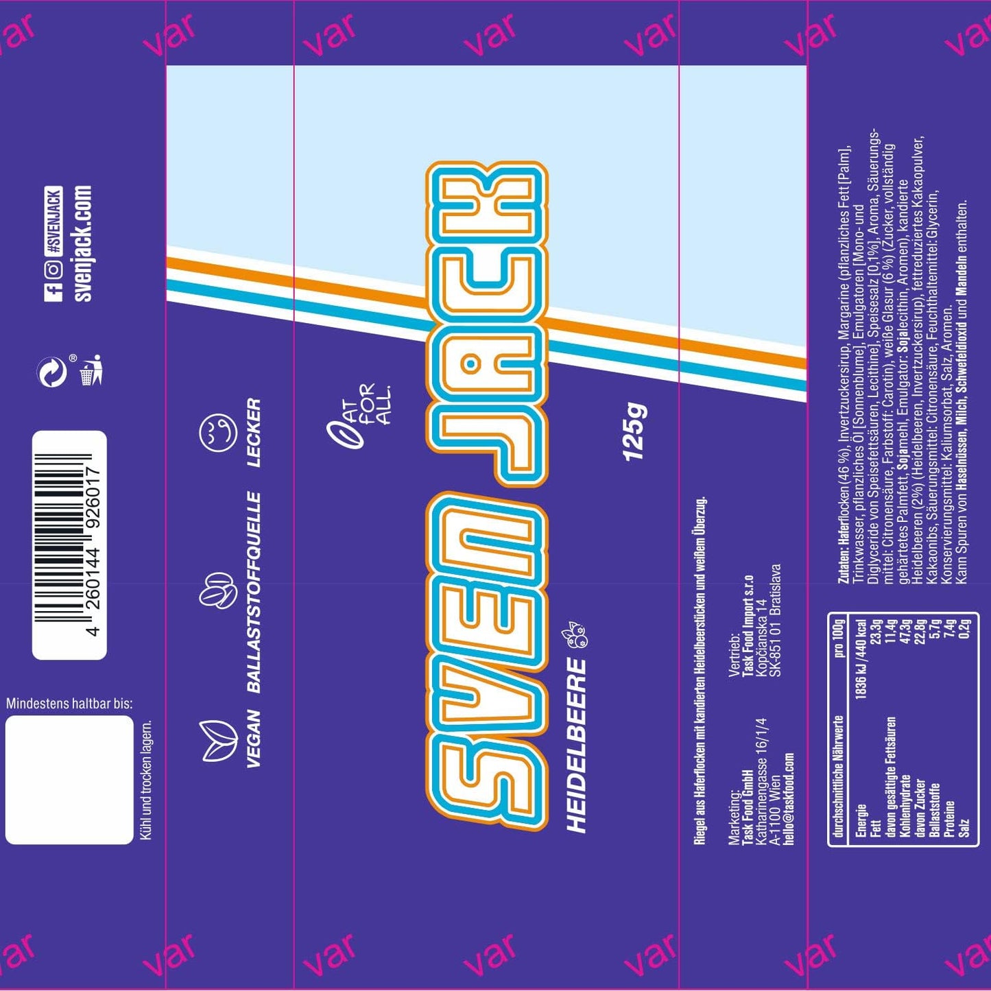 SvenJack Oat Bar Blueberry - 24 × 125g - Vegan Oatmeal Energy Bar with Blueberries, High‑Fibre, Low‑Sugar, Gluten‑Free Fruity Snack