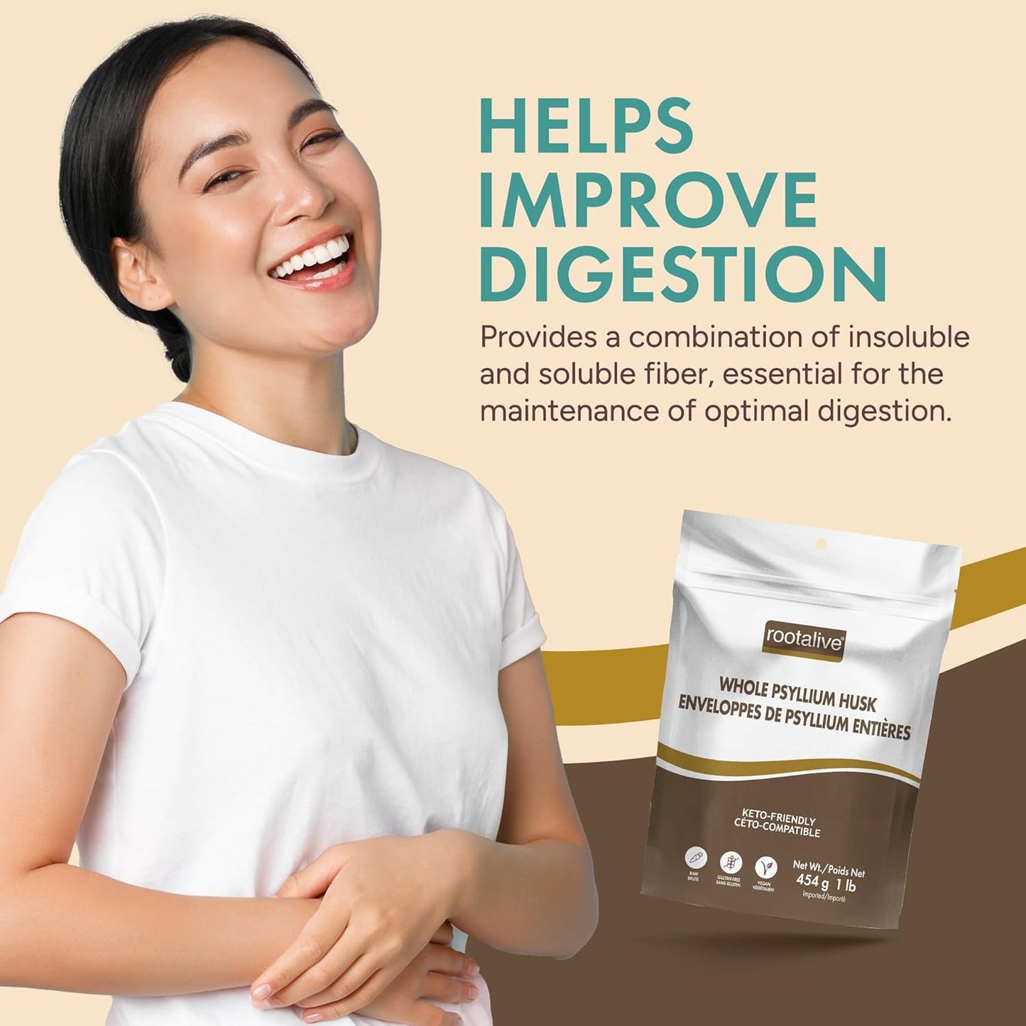 Rootalive - Whole Psyllium Husk, Psyllium Husk Whole Plant-Based Fibre for Digestive Support, Unflavored Superfood Powder with Soluble & Insoluble Fibre, Vegan, Gluten-Free, 454 grams