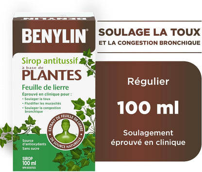 BENYLIN HERBAL Cough Syrup Ivy Leaf, Herbal Decongestant, Cold & Flu Relief, Cough Suppressant, Sugar Free, Antioxidants, 100-mL