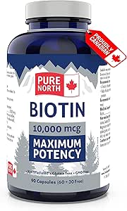 Pure North Naturals 生物素 10,000 微克 90 粒膠囊，90 天供應，促進活力生長和光澤 - 純素、非基因改造和無麩質 - 健康的頭髮、皮膚和指甲 - 支持大腦功能和心血管系統
