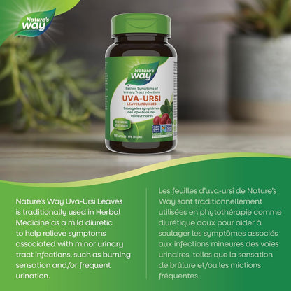 Nature's Way 熊果葉 - 溫和利尿 - 有助於緩解泌尿道感染症狀，100 粒素食膠囊，每粒含 370 毫克熊果葉，經非基因改造計畫驗證