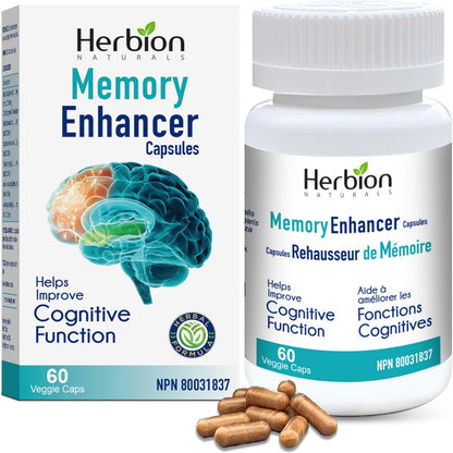 Herbion Naturals Memory Enhancer helps Improve Cognitive Function with Ginkgo biloba, Emblic, Coriander, Thyme, Lavender & Licorice extracts for adults. 60 Veggie Caps