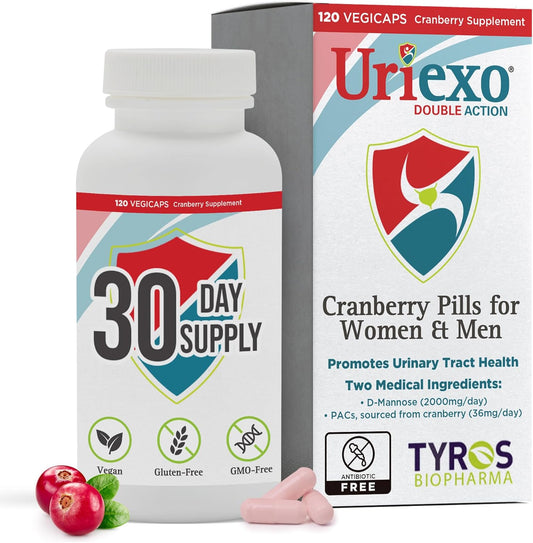 Uriexo 素食膠囊 - 用於治療泌尿道感染 (UTI)，不含抗生素，D-甘露糖和原花青素 (PAC)，純素，無麩質，無轉基因，符合猶太教和清真食品標準，120 粒