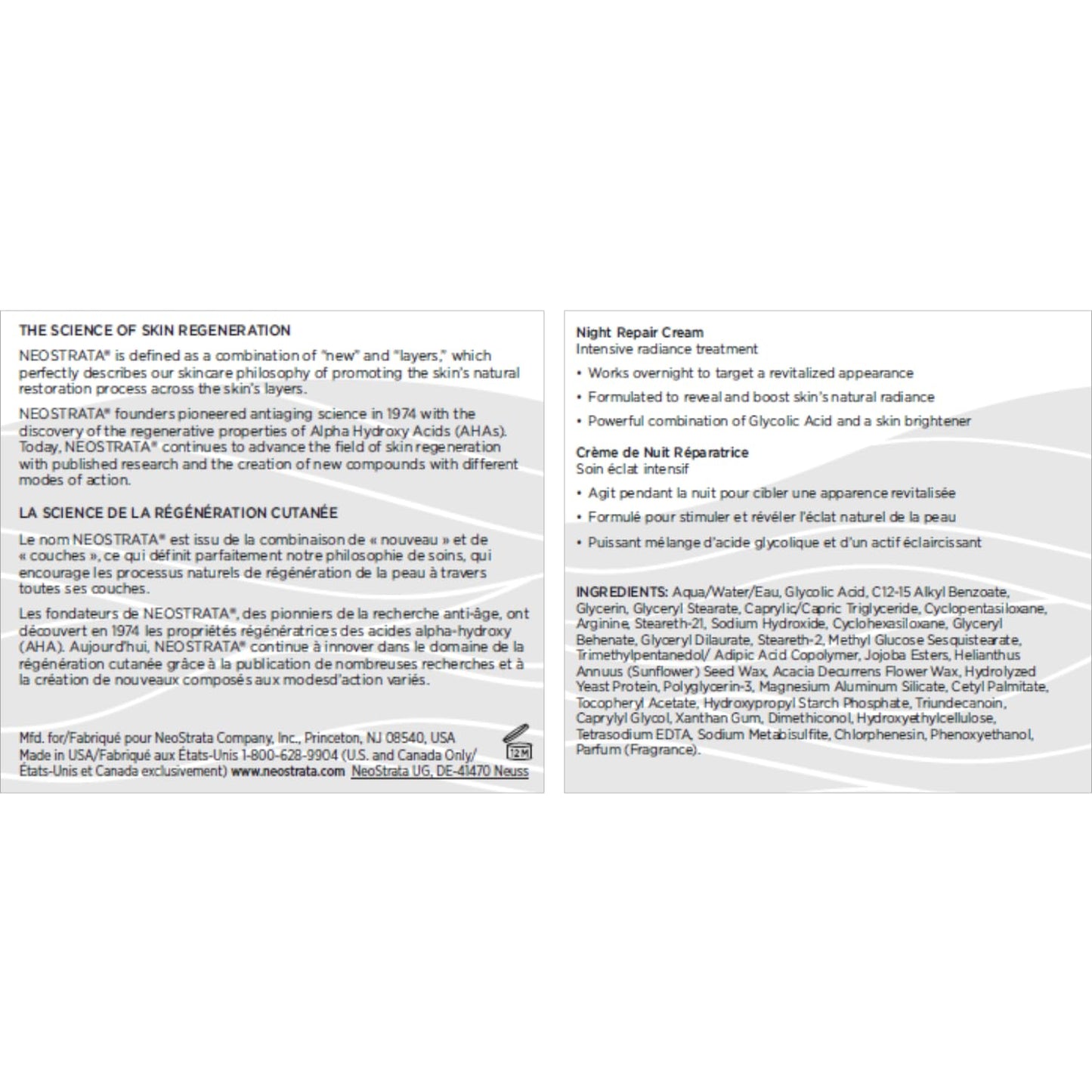 NEOSTRATA Night Repair Cream, 8% AHA for Exfoliation, Brightening, Radiance, 45g