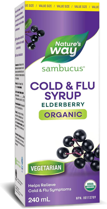 Nature's Way 有机接骨木糖浆感冒和流感护理 - 草药接骨木糖浆，帮助缓解成人症状（咳嗽和喉咙痛），240 毫升