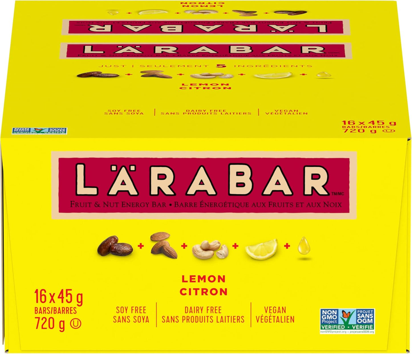 LÄRABAR 柠檬、水果和坚果能量棒，16 条装，无麸质，纯素，家庭装，零食棒，720 克/包