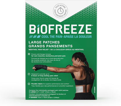 Biofreeze Patches (5 Large Size), Penetrating Pain Relief for Sore Muscles, Arthritis, Backaches, and Sore Joints, Fast Acting, Long Lasting, Cooling Menthol Formula, Mess Free Application, Flexible Fabric for Comfort,