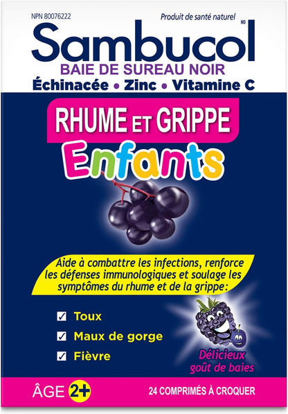 Sambucol Black Elderberry Cold & Flu Kids | Relieves Cold & Flu Symptoms | Immune Support & Antioxidant | Gluten Free | 24 Chewable Tablets, blue