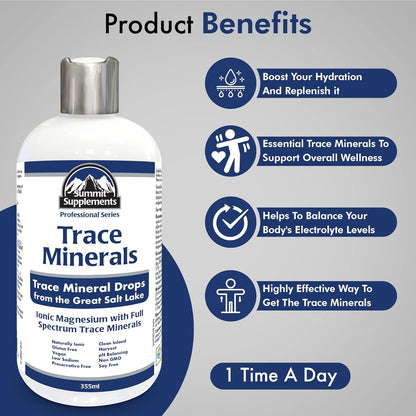 Trace Minerals Drops 355ml, 1145-Servings, Ionic Liquid Magnesium, Full Spectrum Trace Mineral, Vegan, Gluten, GMO-Free, Low Sodium, Hydration & Electrolyte Support, Proudly Canadian, Plastic Negative