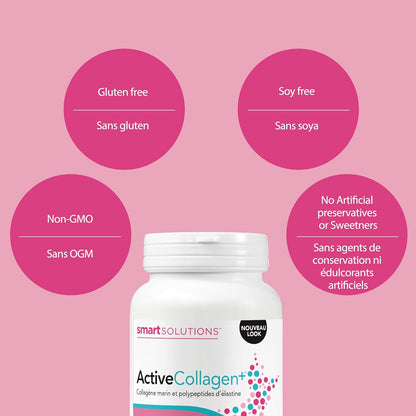 Smart Solutions Active Collagen+，含水解野生鱼胶原蛋白和弹性蛋白多肽，支持头发、皮肤和指甲，120 粒素食胶囊