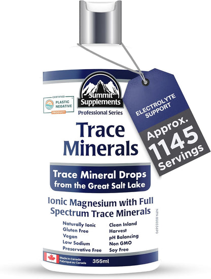 Trace Minerals Drops 355ml, 1145-Servings, Ionic Liquid Magnesium, Full Spectrum Trace Mineral, Vegan, Gluten, GMO-Free, Low Sodium, Hydration & Electrolyte Support, Proudly Canadian, Plastic Negative