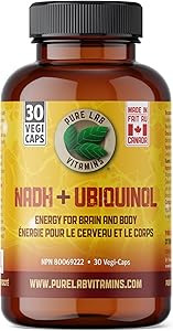 Pure Lab 維生素 | NADH 煙醯胺腺嘌呤二核苷酸 + 輔酶 Q10 泛醇 | 30 粒膠囊 | 維生素 B3 補充品 | B3 維生素菸鹼醯胺補充劑 | 腦能量、思考清晰度補充劑