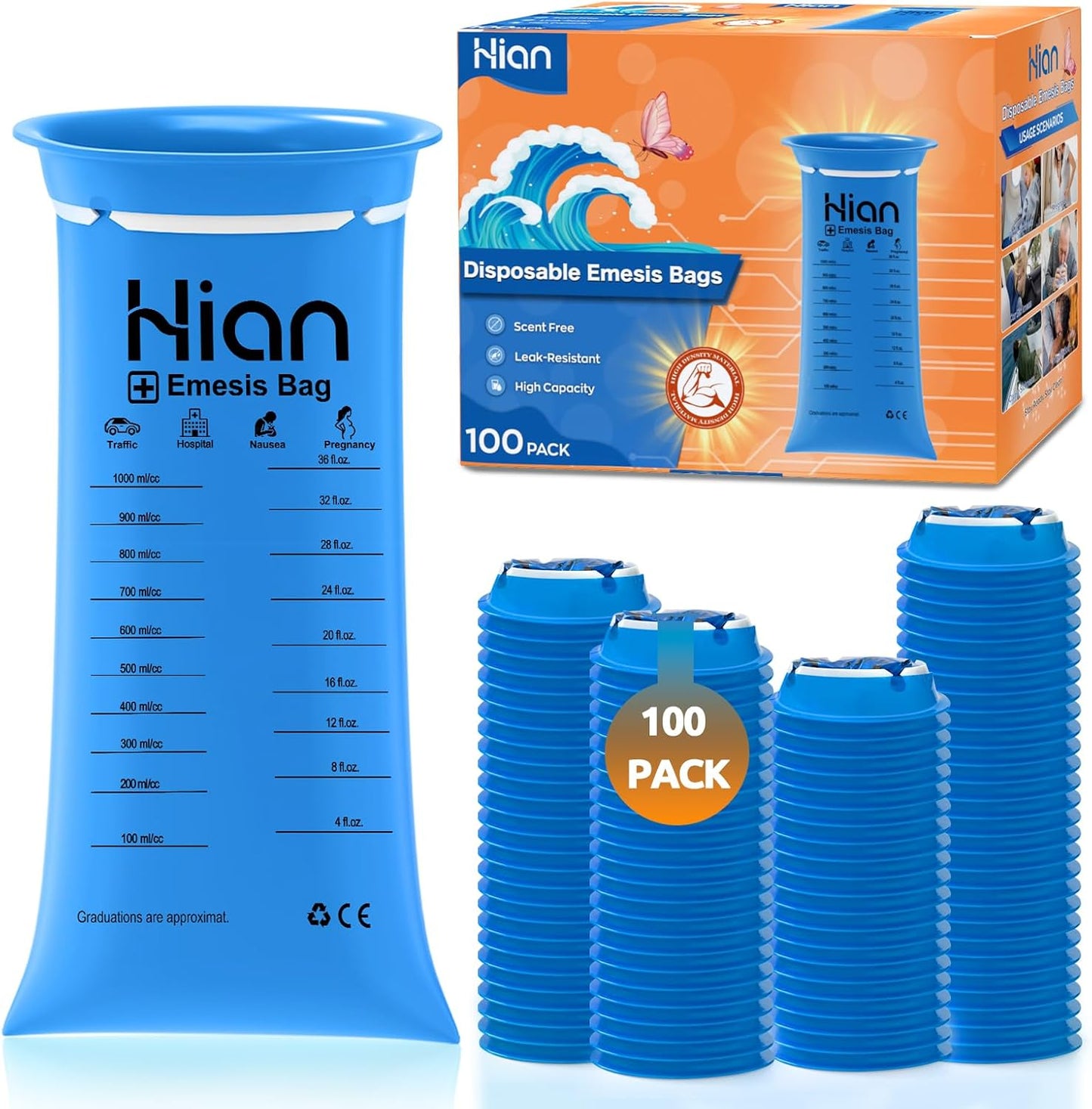 Hion 一次性嘔吐袋 - 100 包 1000 毫升嘔吐袋 - 防漏，醫用級，便攜 - 非常適合暈車、暈機、孕婦