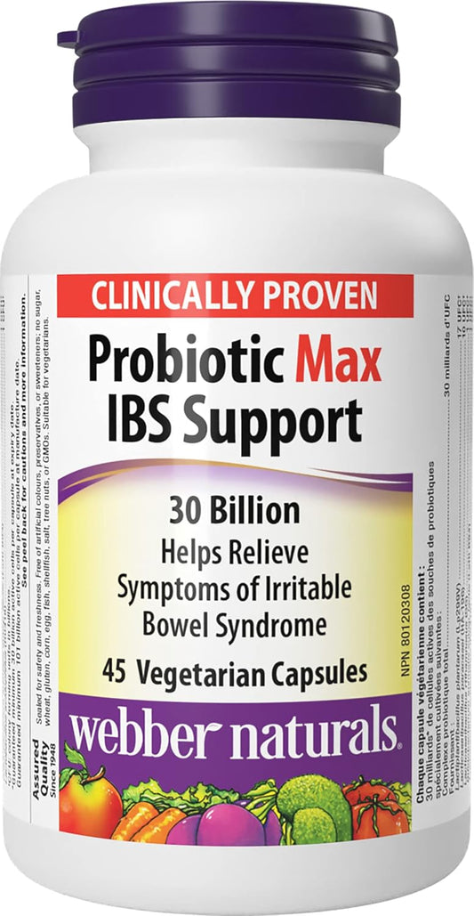 Webber Naturals Probiotic Max IBS Support, 30 Billion Active Cells, 5 Probiotic Strains, 45 Capsules & Magnesium Bisglycinate 200 mg, 120 Capsules, Supports Bone and Muscle Functions, Vegan