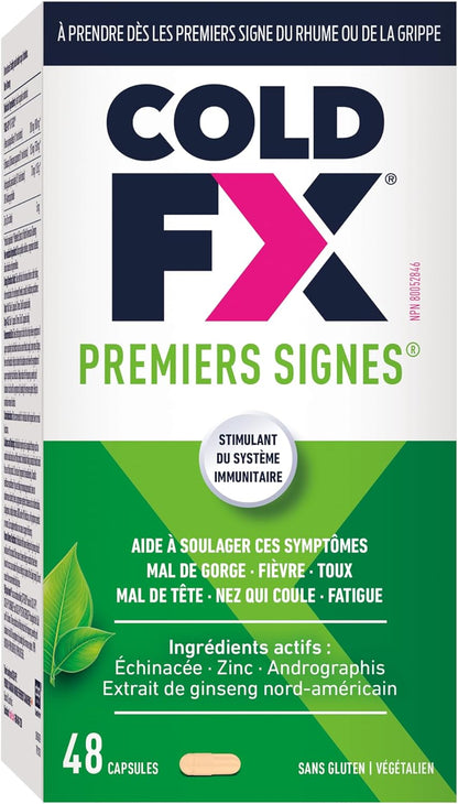COLD-FX First Signs，有助于缓解咽喉痛、发烧、咳嗽、头痛、流鼻涕、疲劳等症状，北美人参提取物、紫锥菊、穿心莲和锌，48 粒素食胶囊