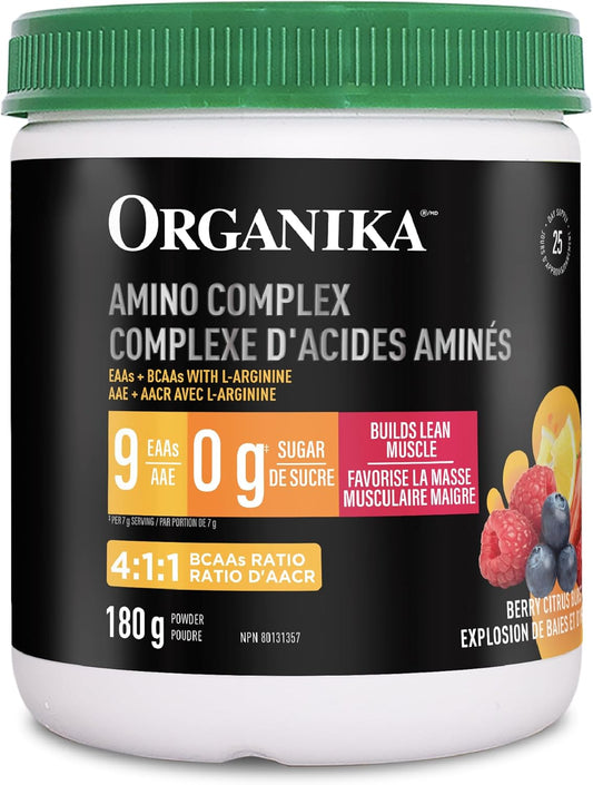Organika 加拿大製造氨基酸複合粉 - 7 克 BCAA + 9 種 EAA 和 L-精氨酸，可增強肌肉蛋白質合成、肌肉修復和改善運動恢復，無糖漿果柑橘味 180 克
