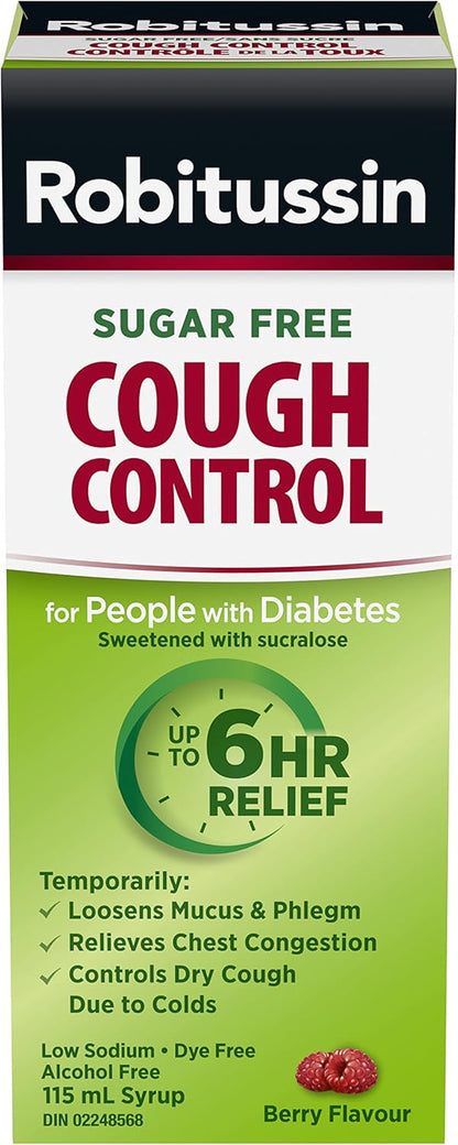 Robitussin Sugar-Free Cough Control Syrup, Alcohol-Free, Berry Flavour, 115 mL