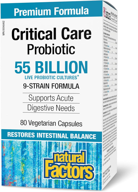 Natural Factors Critical Care Probiotic 55 Billion Live Probiotic Cultures, 9-Strain Formula, HIGH POTENCY, 80 Vegetarian Capsules, VALUE SIZE, Supports Acute Digestive Needs & Restores Intestinal Balance, Proudly Canadian