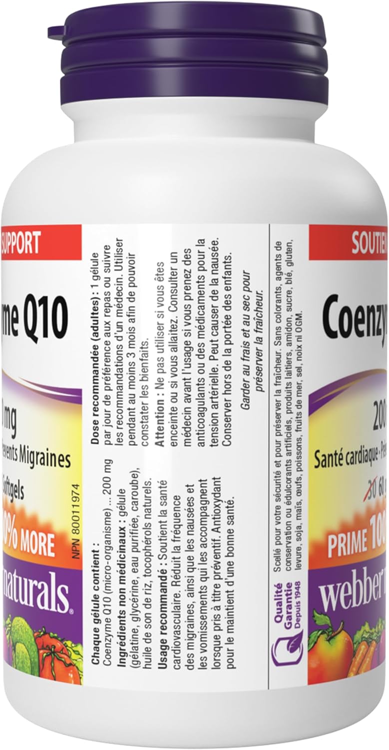 Webber Naturals 輔酶 Q10 (CoQ10) 200 毫克，高效抗氧化劑，非基因改造，無麩質，60 粒軟膠囊，用於心臟健康和細胞能量生成