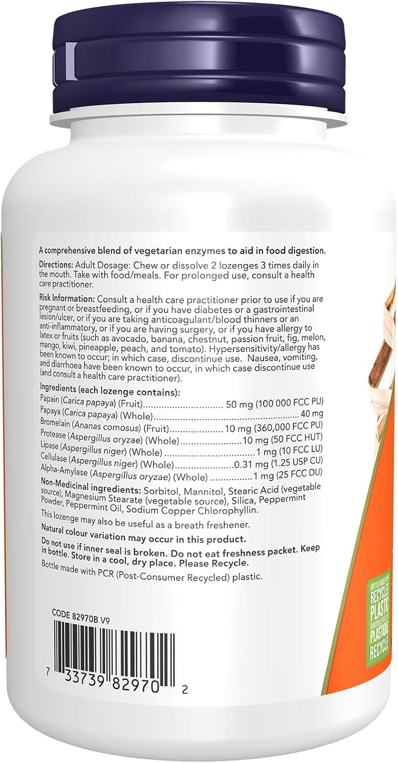 NOW Supplements, Papaya Enzyme with Mint and Chlorophyll, Digestive Support, 180 Chewable Lozenges
