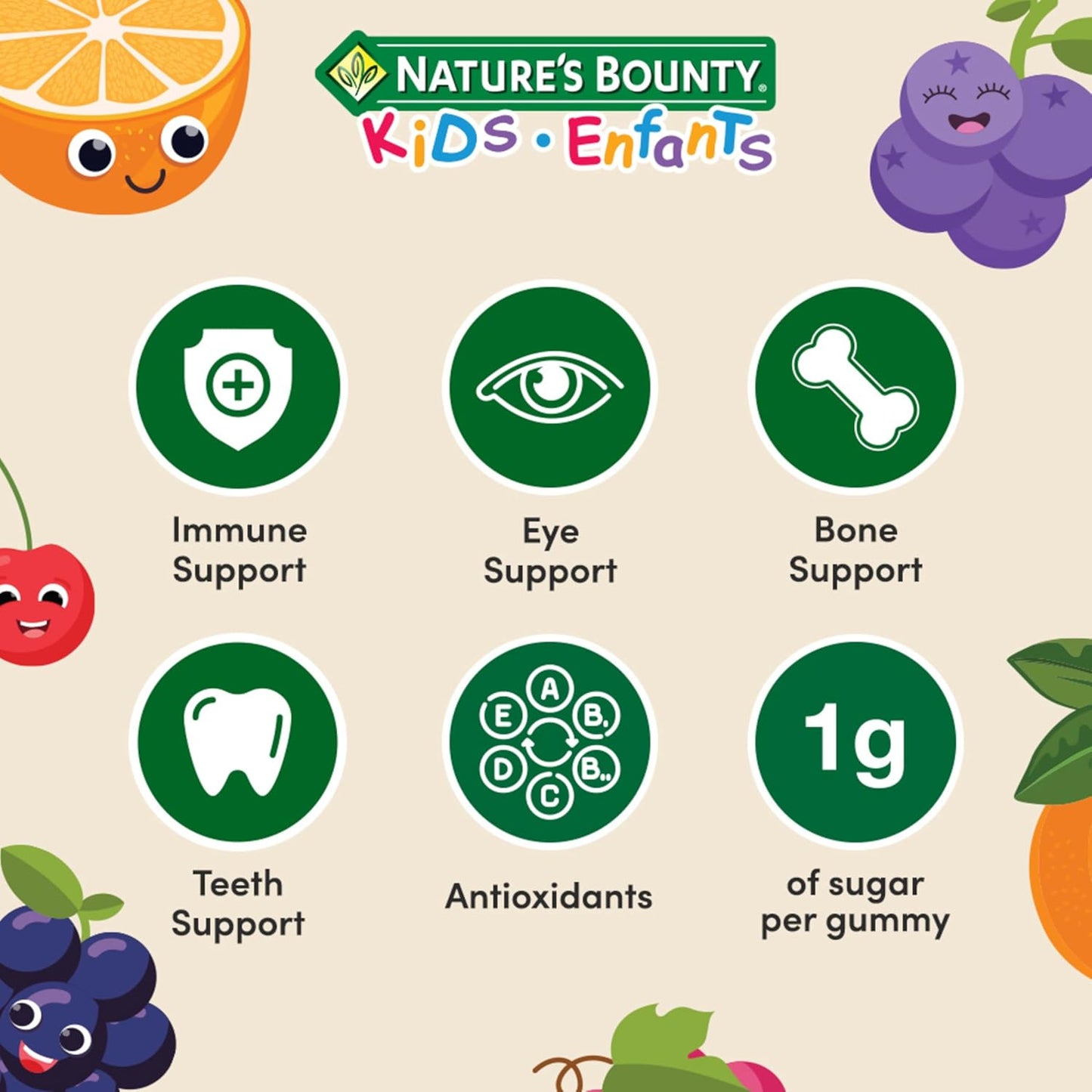 自然之寶兒童強效複合維生素，每粒軟糖僅含 1 克糖，支持免疫系統、眼部健康、骨骼和牙齒，抗氧化劑來源，無麩質，櫻桃、葡萄和橙子味軟糖，375 克