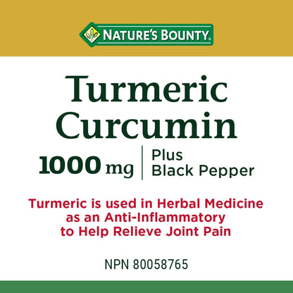 NATURE'S BOUNTY Turmeric Curcumin Plus Black Pepper, 1000 mg, Anti-inflammatory For Joint Pain, Aids Digestion, Antioxidant, Capsules, 54.5 g