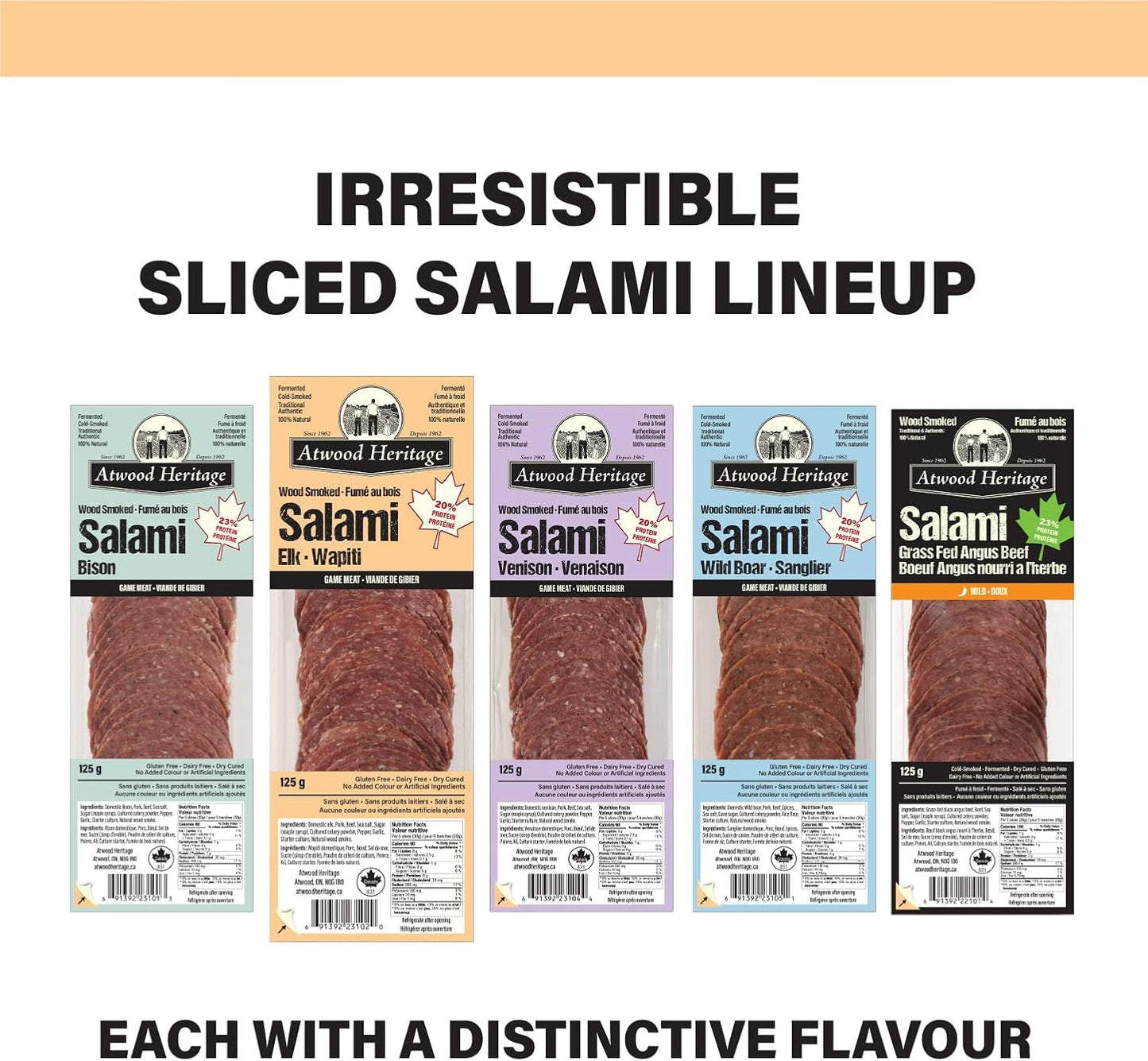 Atwood Heritage 麋鹿豬肉牛肉薩拉米香腸，125克，高蛋白，無麩質，無硝酸鹽，加拿大製造