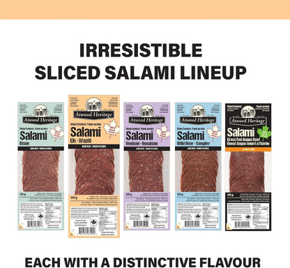 Atwood Heritage 麋鹿豬肉牛肉薩拉米香腸，125克，高蛋白，無麩質，無硝酸鹽，加拿大製造