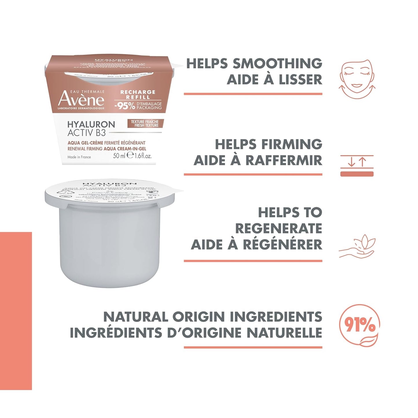 Eau Thermale Avène Hyaluron Activ B3 Renewal Firming Aqua Cream-In-Gel Eco-Refill, for Aging Skin and wrinkles, Hyaluronic Acid and Niacinamide