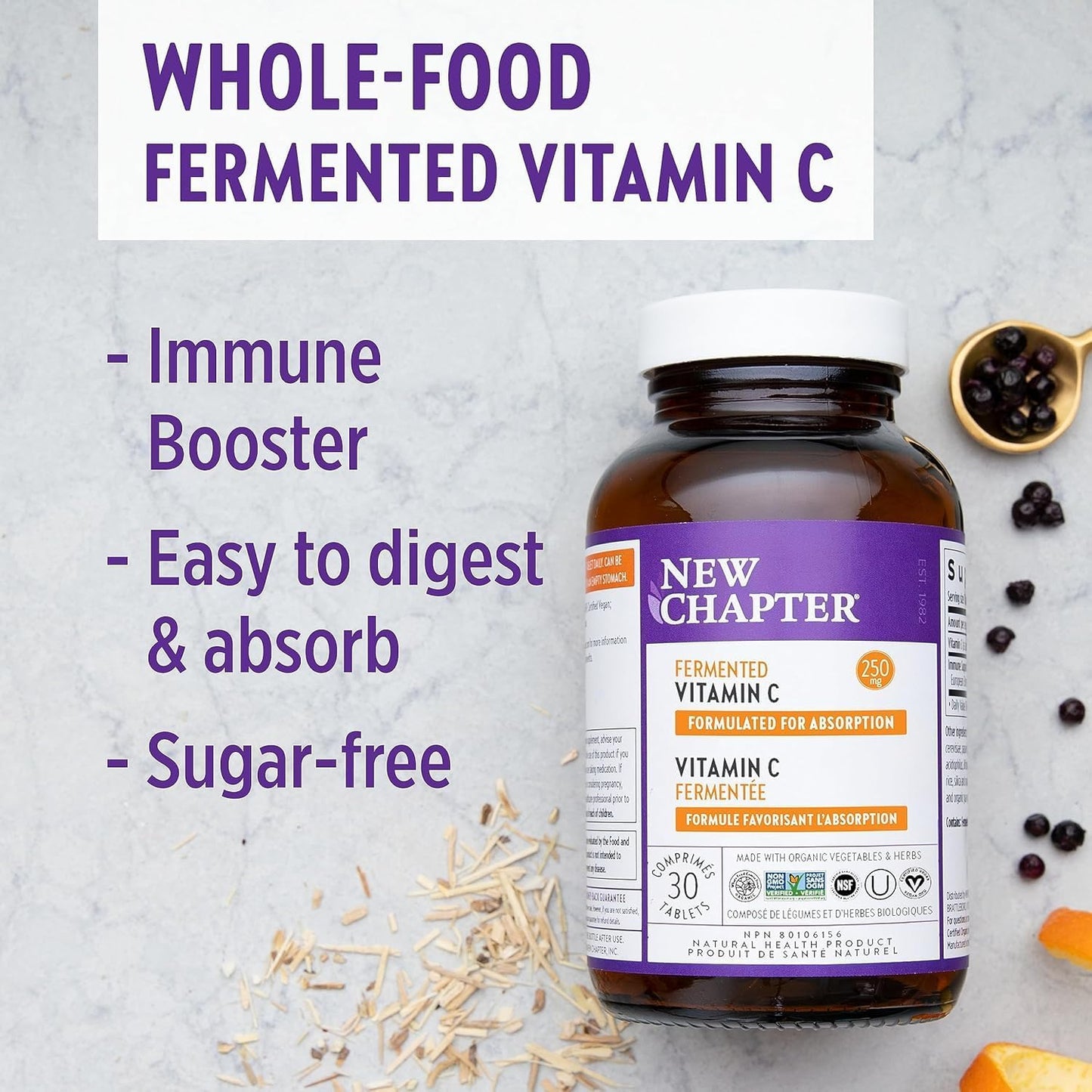 New Chapter 维生素 C + 接骨木果，含发酵维生素 C/全食物草本 + 胶原蛋白保护，30 片（1 包）