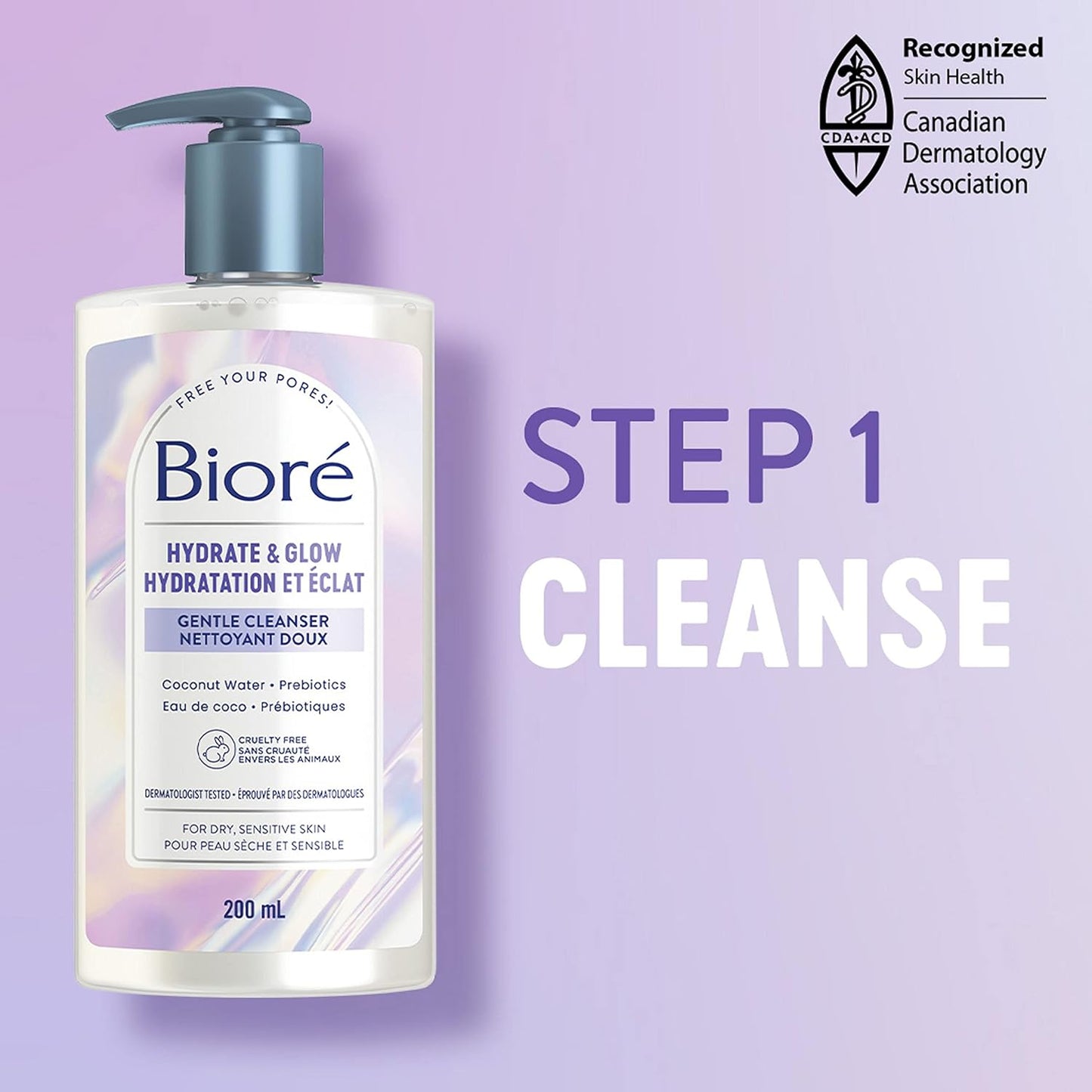 Bioré Hydrate & Glow 温和洁面乳，适用于干燥、敏感肌肤的保湿洁面乳，注入益生元和椰子水 | 经皮肤科医生测试，无动物实验，无香料，无 SLS/SLES 硫酸盐（200 毫升）