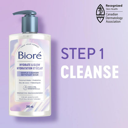 Bioré Hydrate & Glow 温和洁面乳，适用于干燥、敏感肌肤的保湿洁面乳，注入益生元和椰子水 | 经皮肤科医生测试，无动物实验，无香料，无 SLS/SLES 硫酸盐（200 毫升）