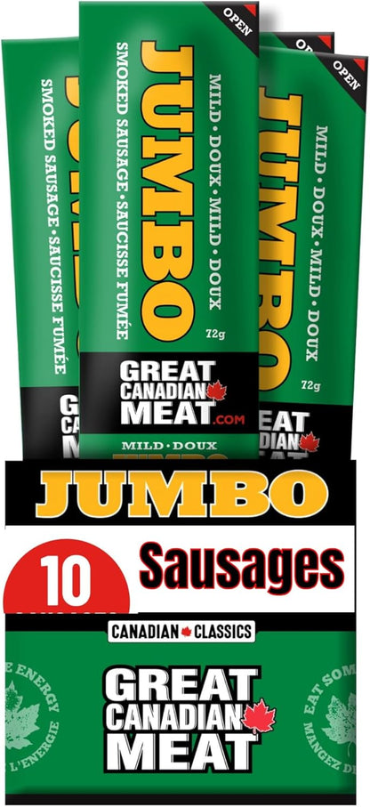 Mild Jumbo Smoked Sausages Locally Made & Hardwood Smoked, 10 x 72g Caddy of Meat Snacks by Great Canadian Meat, Gluten Free, High In Protein Meat Sticks, Sausage Pepperoni Sticks For Carnivores. MRE Perfect For Camping …