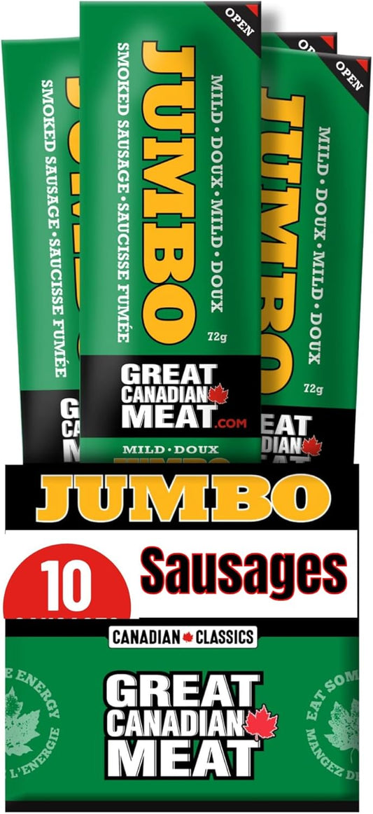 Mild Jumbo Smoked Sausages Locally Made & Hardwood Smoked, 10 x 72g Caddy of Meat Snacks by Great Canadian Meat, Gluten Free, High In Protein Meat Sticks, Sausage Pepperoni Sticks For Carnivores. MRE Perfect For Camping …