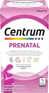 Centrum 產前維生素片，產後多種維生素和礦物質補充劑，必需的產前維生素，100 片（包裝可能有所不同）