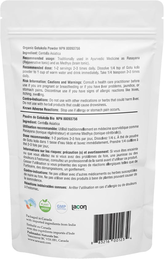 Sewanti Organic Gotu Kola Powder, NPN 80093756, 200g