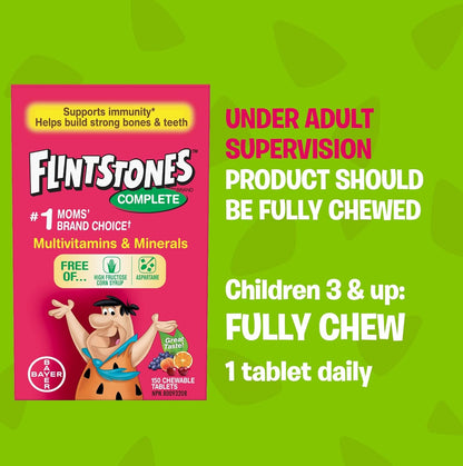FLINTSTONES Complete Chewable Multivitamin for Kids, Aspartame-Free, with Vitamin A, C6, B12, C, D, e, & Calcium 80 count