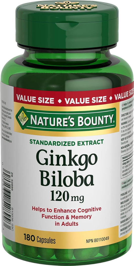 Nature's Bounty Gingko Biloba, 120 mg, Value Size, Helps to Enhance Cognitive Function, Helps to Support Peripheral Circulation, For Adults, 180 Capsules
