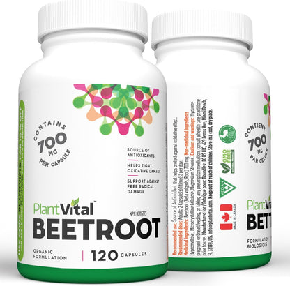 PlantVital Organic Beetroot 1400mg per day -Made in Canada, Health Canada Licensed- Antioxidant Beet Root Supplement - Protects Against Oxidative Damage and Free Radicals -120 Capsules, 2-Month Supply