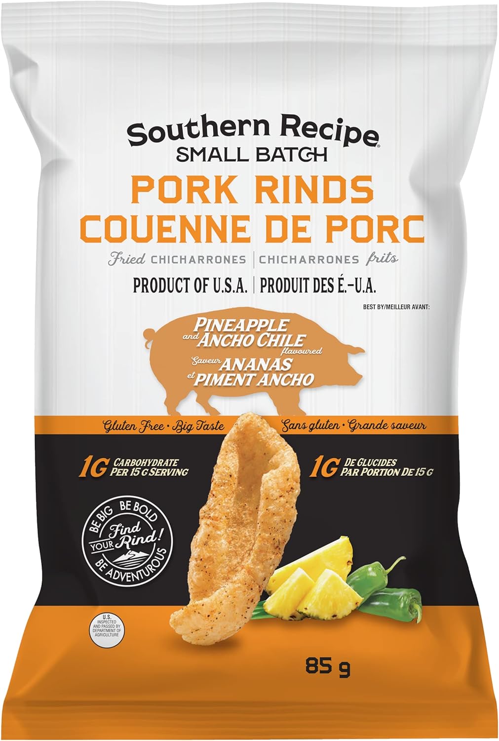 南方食譜小批量豬皮 | 菠蘿安喬辣椒炸豬皮 | 生酮友好、無麩質、低碳水化合物食品 | 每份含 7 克膠原蛋白 | 高蛋白 | 85 克/袋，菠蘿安喬辣椒