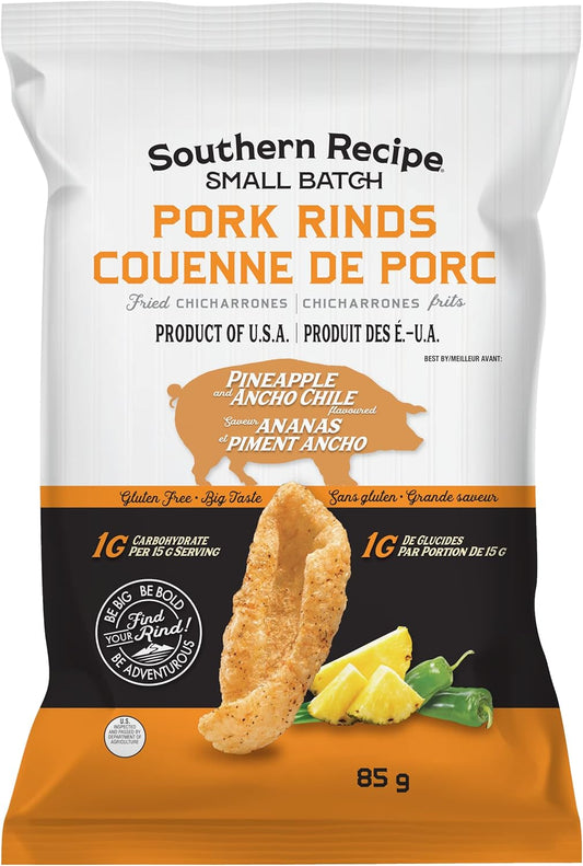 南方食譜小批量豬皮 | 菠蘿安喬辣椒炸豬皮 | 生酮友好、無麩質、低碳水化合物食品 | 每份含 7 克膠原蛋白 | 高蛋白 | 85 克/袋，菠蘿安喬辣椒