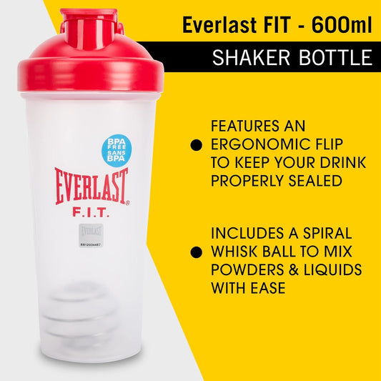 Everlast FIT 600ML Shaker Bottle - Leak Proof - Shaker Bottle with Spiral Whisk Blender Ball, BPA/DEHP-Free, Easy to Clean, Perfect for Mixing Protein shakes. (RED)