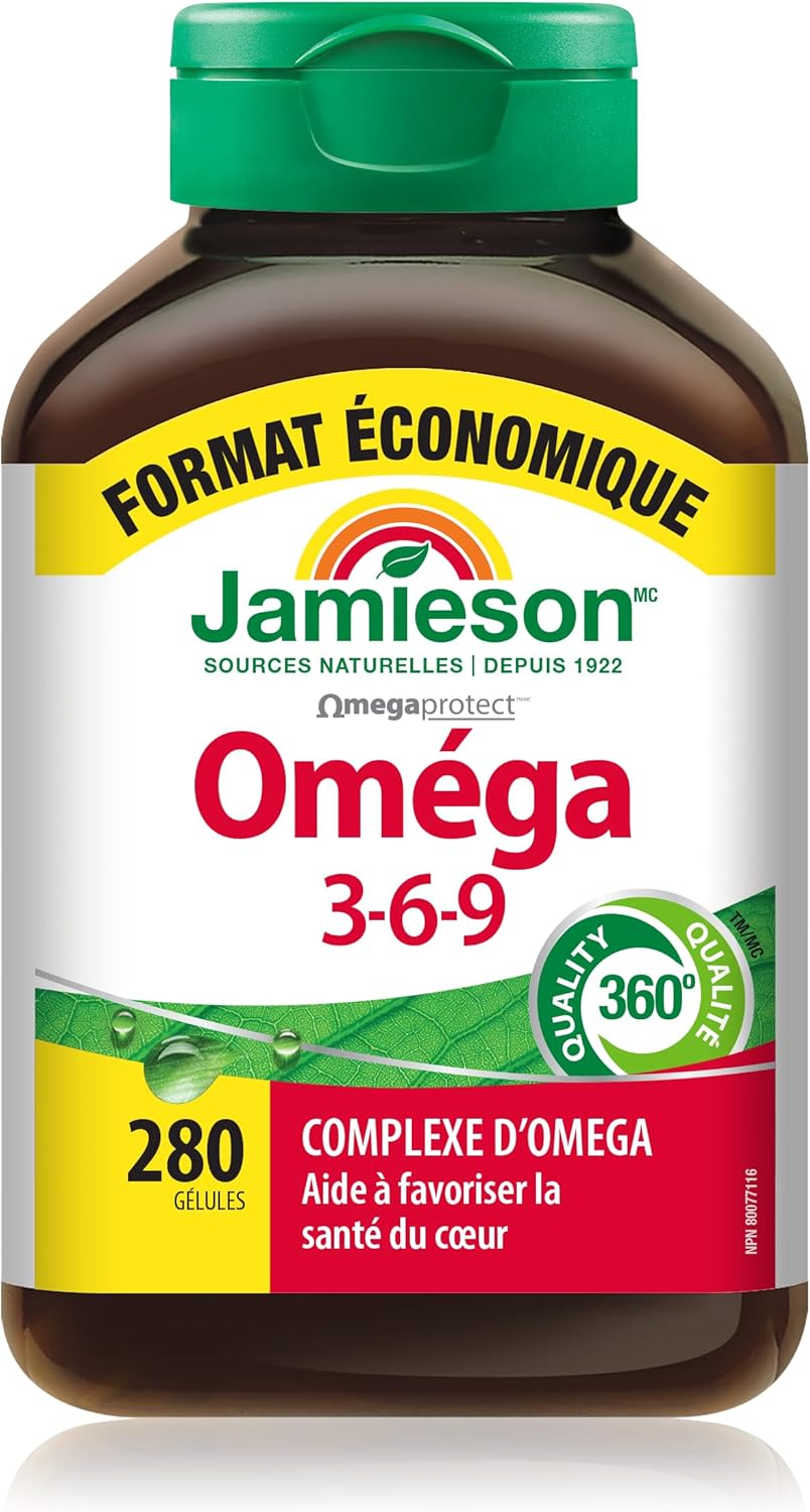 Jamieson Omega 3-6-9 软胶囊，超值装，含鱼油、琉璃苣油、亚麻籽油，提供 EPA、DHA 和 ALA。支持心脏和大脑健康，280 粒，加拿大制造