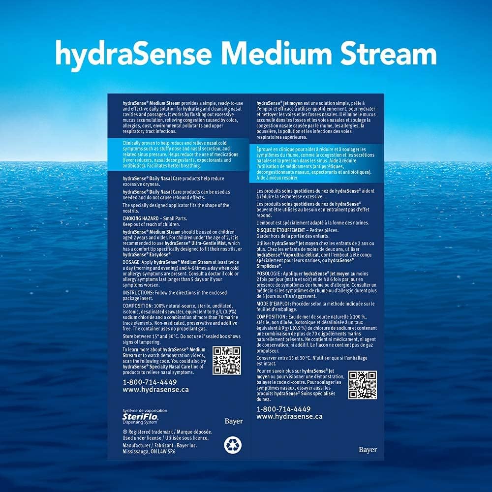 HydraSense 中流量鼻喷雾剂，日常鼻腔护理，100% 天然海水，不含防腐剂，210 毫升